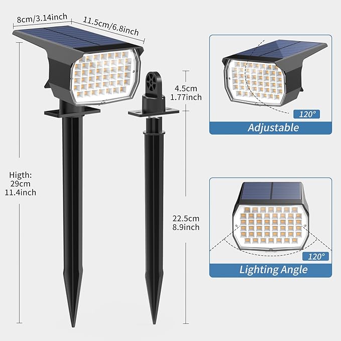Solar Spot Lights Outdoor Waterproof IP65, 6 Pack Landscape Spotlights with 46 LEDs, 3 Modes Auto On/Off Solar Powered Flood Lights for Outside Pathway, Yard, Garden, Walkway (Warm White) - Aura Lighting