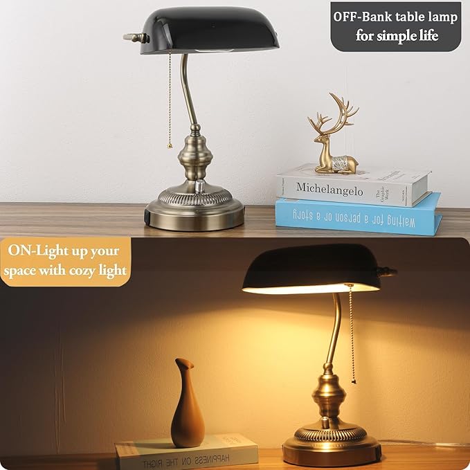 Rustic Banker's Desk Lamp Stepless Dimmable, Traditional Bankers Desk Lamp with USB Port and Outlet, Vintage Farmhouse Table Lamp for Home Office Library