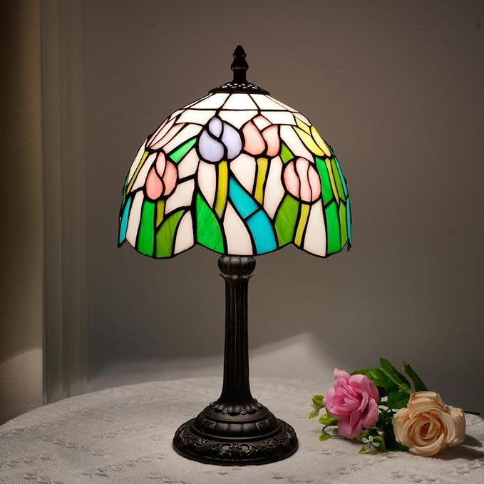 Tiffany Table Lamp Pink Yellow Tulips Stained Glass Lamp Handmade Bedside Table Night Unique Cute Accent Nightstand Light Antique Art Craft Gifts Lamp for Home Office Dormitory Bar Decorate