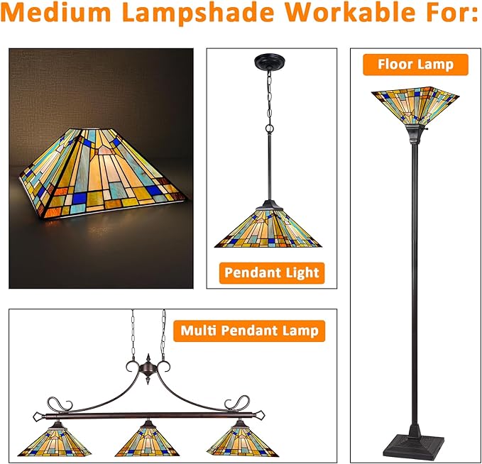 Capulina Tiffany Lamp Shade 12 Inches Wide Accessories Replacement Amber Green Blue Style Stained Glass Lampshade for Torchiere Floor Lamp and Pendant Light