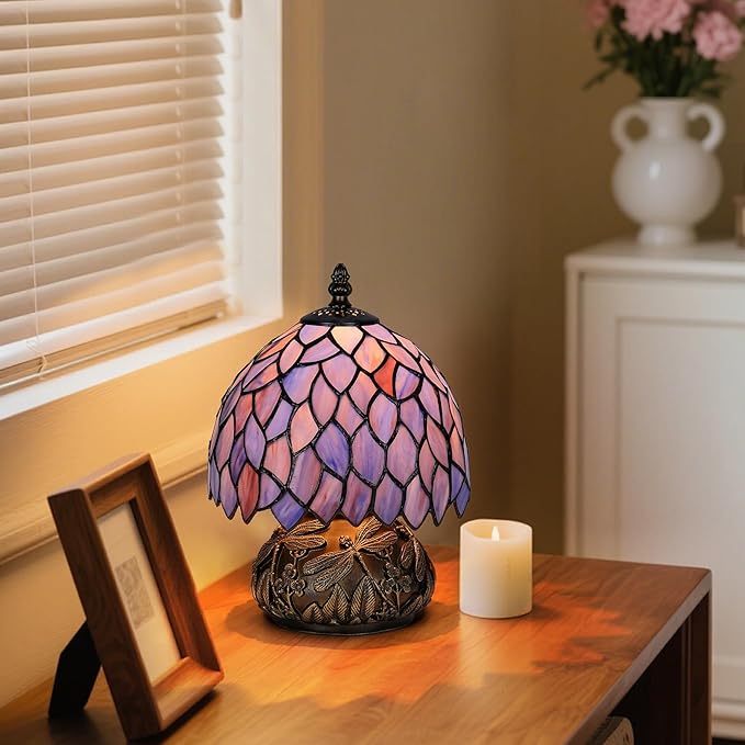 Tiffany Style Table Lamp, Stained Glass Blue Purple Wisteria Desk Lamp with Antique Bronze Dragonfly Resin Base, Vintage Accent Light for Bedroom, Living Room, Study 8x11 Inch