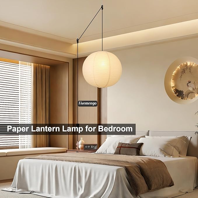 Paper Lantern Lamp Plug in Hanging Lamp, 20in Off-White Rice Paper Pendant Light with 19.7FT Cord Large Globe Japanese Japandi Wabi Sabi Chandelier for Dining Living Room Bedroom 1 Pack