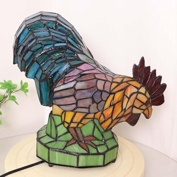 Bieye L12012 Colorful Rooster Tiffany Style Stained Glass Accent Table Lamp Night Light for Bedside Living Room Decoration (Multi-Colored, 5.75Dx13Wx12H)