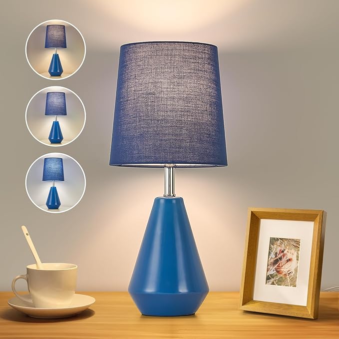 Small Bedside Table Lamp for Bedroom - Reading Desk Lamp with 3 Color Temperatures,15.5" Nightstand Ceramic Lamp with Fabric Shade for Kids Room,Living Room,Dorm,Home Office (Blue)