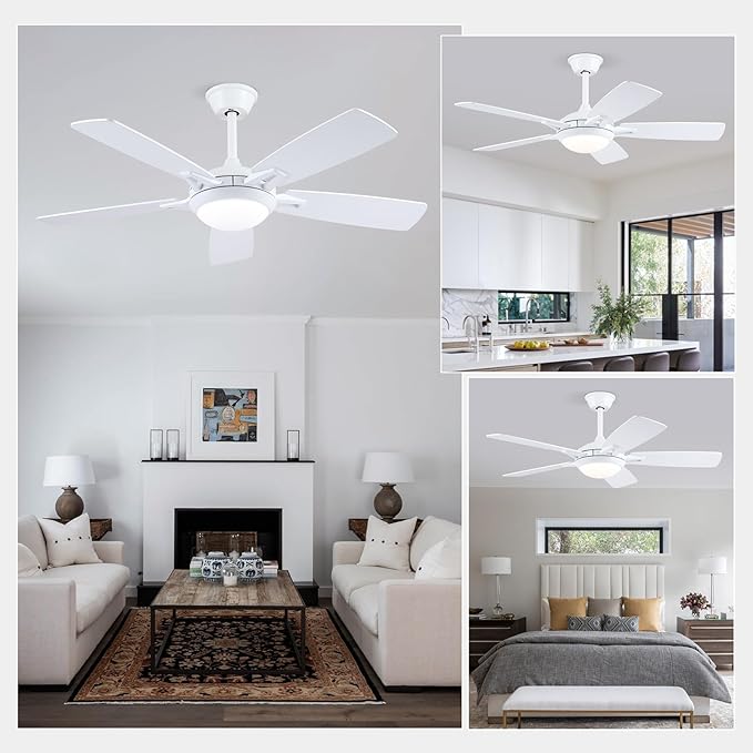 Ceiling Fans with Lights and Remote, 46 Inch Modern Ceiling Fan with Light, White Ceiling Fans for Bedroom Living Room Indoor/Outdoor, Reversible Quiet Motor, Dimmable LED Light, White