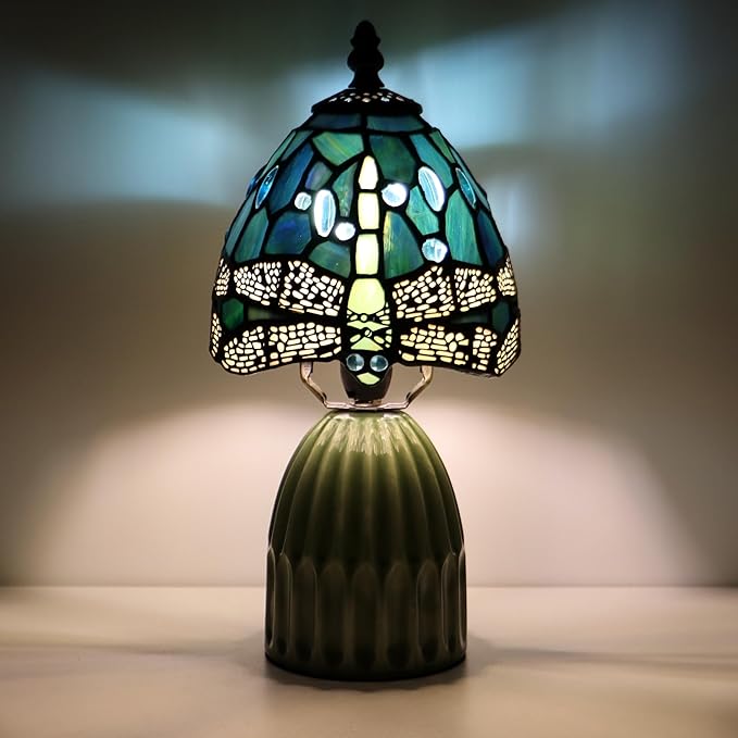 Tiffany Lamp Stained Glass Mushroom Table Lamps 6X6X12.5 Inch Sea Blue Dragonfly Style Small Night Light Ceramic Base Mini Accent Desk Light Suitable for Bedside Table Bedroom Children Room