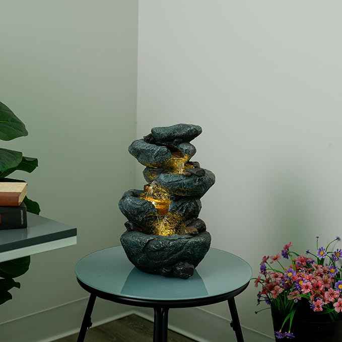 Alpine Corporation TZL418 14" 3 Tier Rock Fountain with LED Lights, Elegant Cascading Water Feature for Tabletop, Indoor Decor, Relaxing Stone Waterfall for Home & Office, Gray