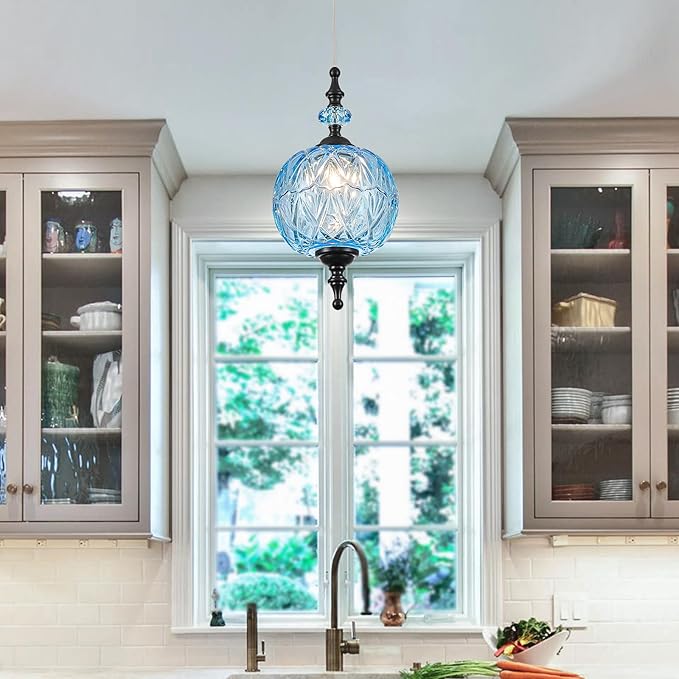 Vintage Blue and Black Glass Pendant Lights Kitchen Island Light Modern Bedroom Pendant Lighting Fixtures Hanging Lamp for Kitchen Island Bedroom Dining Room Coffee Shop Hallway