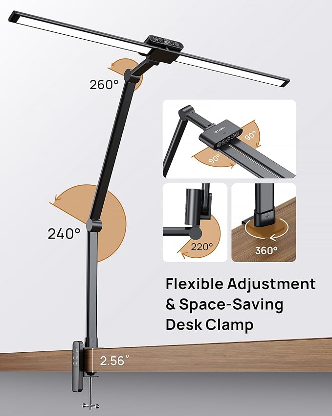 TROND LED Desk Lamp with Clamp, 29.55'' Tall Desk Light with Remote, 1500LM Bright Table Lamp, Swing Arm Clip on Light, Eye-Caring, Touch Control Dimmable for Home Office Monitor Reading Study Task - Aura Lighting