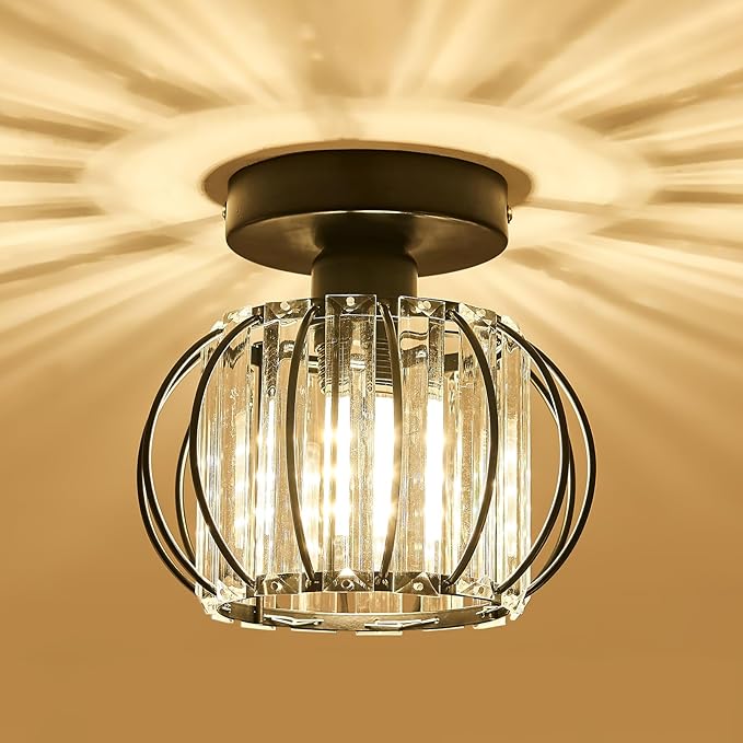 YYJLX Semi Flush Mount Ceiling Light Fixture Antique Small Crystal Chandelier Indoor Lighting for Bathroom Hallway Cafe Bar Porch Hall(Black)
