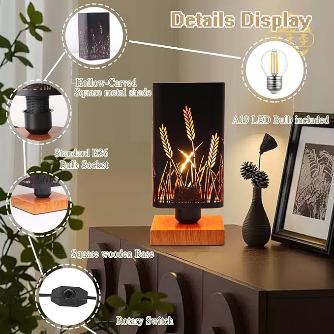 Rustic Table Lamp set of 2 with Dimmer, Small Black Industry Metal bedside Lamp fully Dimmable , Night Light for Kids, Bedroom Nightstands Lamp, Lamp for Living Room End Tables side Decoration
