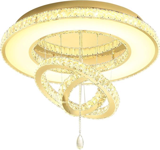 Flashing God Dia 32'' Modern Crystal Chandeliers for Living Room Crystal Flush Mount Ceiling Chandelier Large Chandeliers for Dining Room Bedroom Gold LED Dimmable 3000-6000K