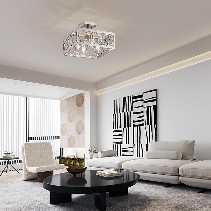 XINGQI Brushed Nickel Ceiling 4-Light 13'' Modern Semi Flush Mount Ceiling Light Fixture Rustic Chandelier Ceiling Lamp for Bedroom Living Dining Room with Square Metal Shade, E12 Bulbs - Aura Lighting