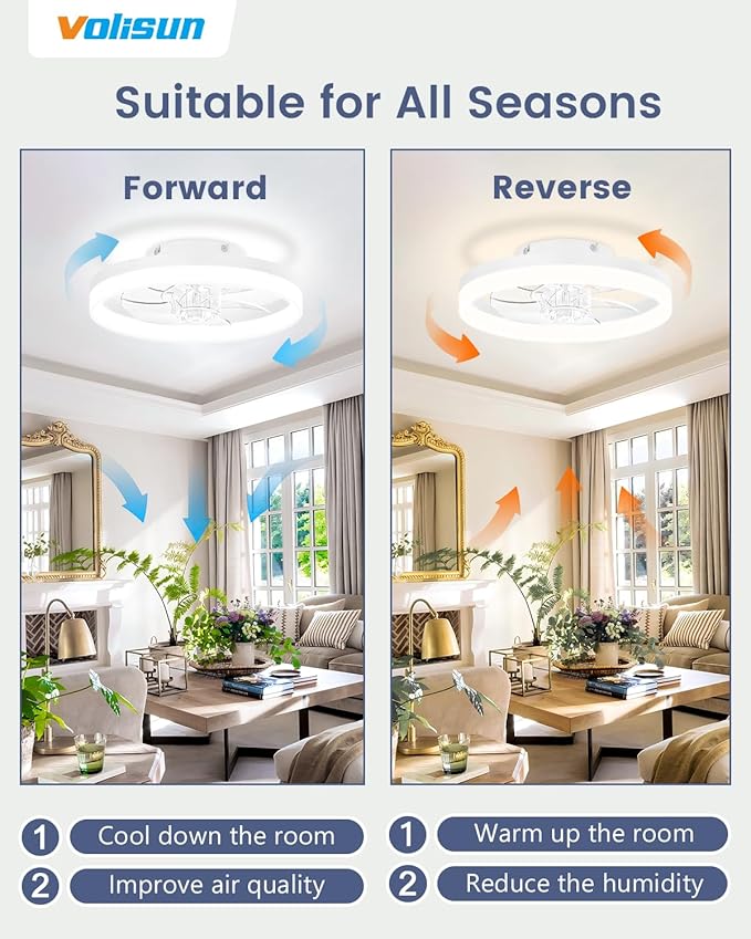 VOLISUN 13 inch Small Ceiling Fans with Lights and Remote, Low Profile Ceiling Fans with Light, 3000K-6500K Dimmable LED Ceiling Light Flush Mount, Bladeless Fandelier Ceiling Fan (White) - Aura Lighting