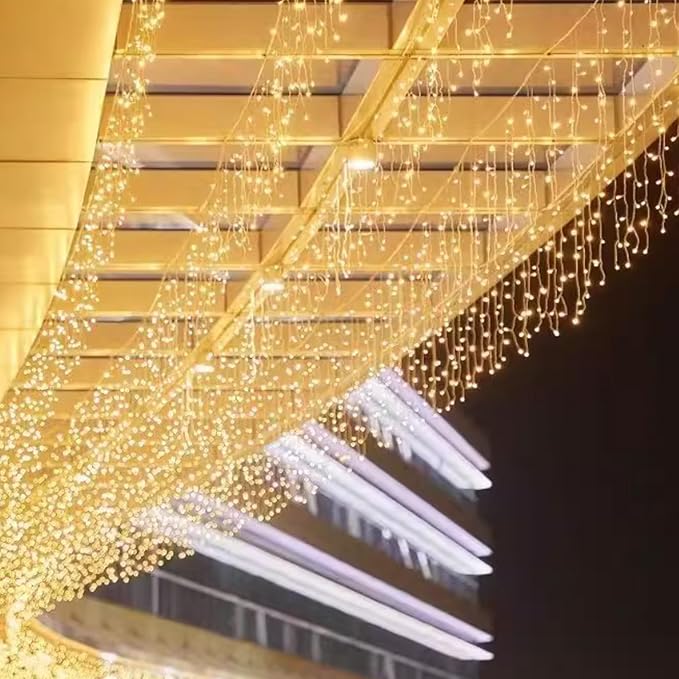 ZIMINGU Icicle Christmas Lights, 16.4 FT 120 LEDs 8 Modes, Hanging Twinkle Connectable Memory Fairy Curtain String Lights for Indoor Eaves Shopping Outdoor Decor, Warm White, 5M06