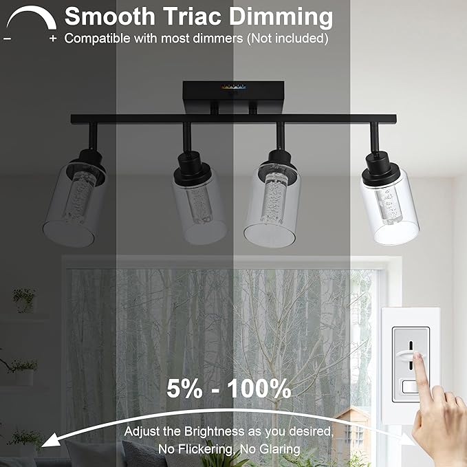 MELUCEE LED Track Lighting Fixtures Ceiling 4-Light Black Semi Flush Mount Ceiling Light Bathroom Wall Light with Flexibly Rotatable Light Heads, Built-in LED Chips, 5-Color Temperature Adjustable - Aura Lighting
