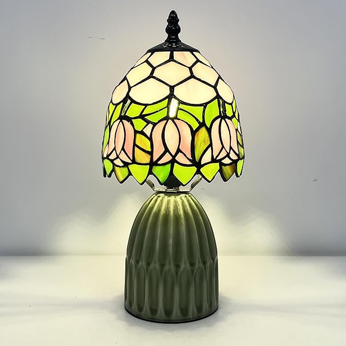 Tiffany Lamp Stained Glass Mushroom Table Lamps 6X6X12.5 Inch Pink Tulip Style Small Night Light Ceramic Base Mini Accent Desk Light Suitable for Bedside Table Bedroom Children Room