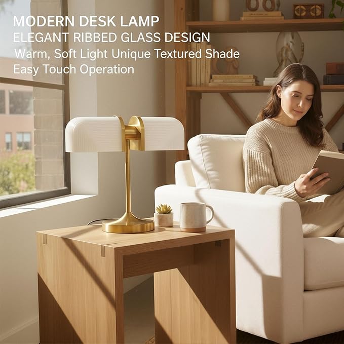 Vintage Milk Glass Bankers Desk Lamp - Dimmable Touch Control Bedside Lamp with USB A+C Charging Ports, for Bedroom Nightstand & Living Room, Bulb Included (White)