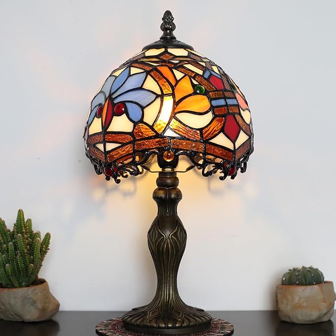Tiffany Style Lamp Stained Glass Table Lamp 8 x 14.5 Mini Accent Light Yellow Phoenix Tail Design Small Decorative Bedside Reading Memory Lamp