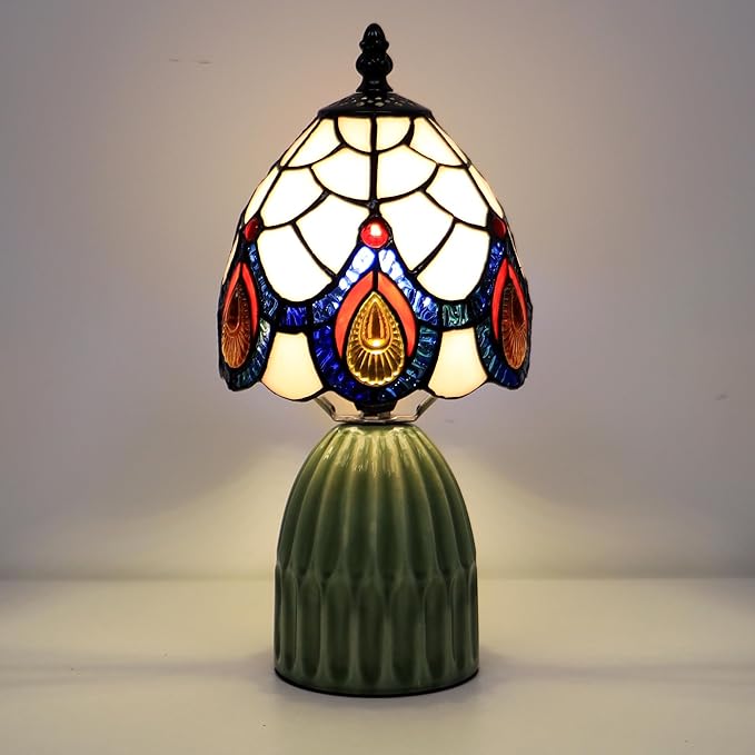 Tiffany Lamp Stained Glass Mushroom Table Lamps 6X6X12.5 Inch Pink Peacock Tail Style Small Night Light Ceramic Base Mini Accent Desk Light Suitable for Bedside Table Bedroom Children Room