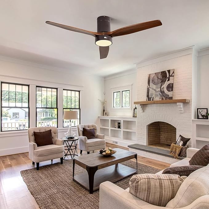 Sofucor 52 Inch Ceiling Fans with Lights, Flush Mount Ceiling Fan with Lights and Remote, Reversible DC Motor, Indoor/Outdoor 3 Blade Solid Wood Ceiling Fans for Bedroom Living Room Patio Farmhouse