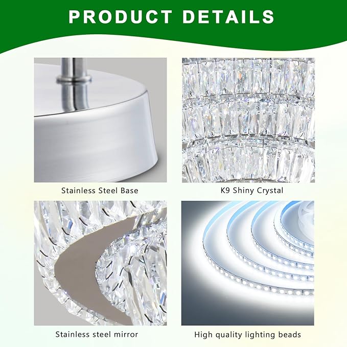 Modern LED Crystal Chandelier 3-Tier LED Ceiling Light Round Ceiling Flush Mounted Chandelier Light Fixure for Dinning Room Bedroom Living Room (Cool White)