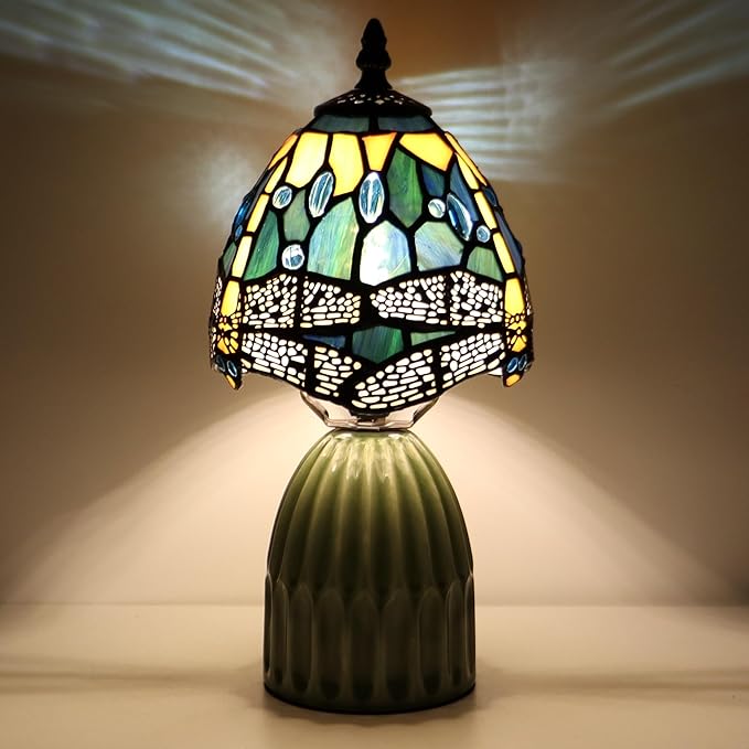 Tiffany Lamp Stained Glass Mushroom Table Lamps 6X6X12.5 Inch Yellow Dragonfly Style Small Night Light Ceramic Base Mini Accent Desk Light Suitable for Bedside Table Bedroom Children Room
