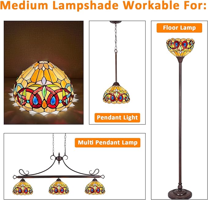 Capulina Tiffany Lamp Shade 12 Inches Wide Accessories Replacement Cream Brown Style Stained Glass Lampshade for Torchiere Floor Lamp and Pendant Light
