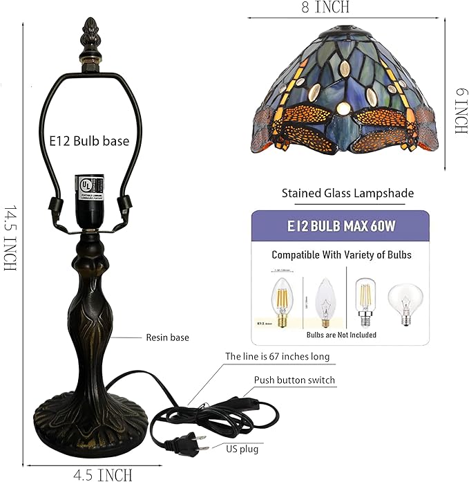 Tiffany Style Lamp Stained Glass Table Lamp 8 x 14.5 Mini Accent Light Blue Dragonfly Design Small Decorative Bedside Reading Memory Lamp