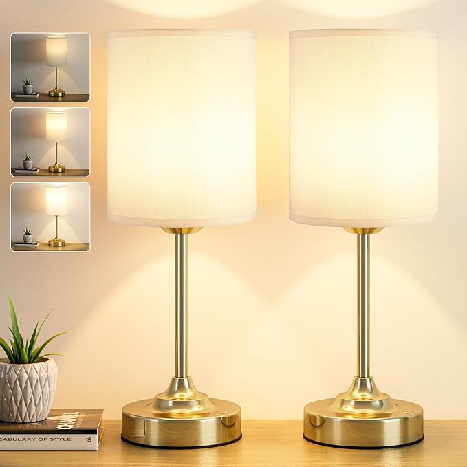 Touch Control Cordlss Table Lamp, USB-C Rechargeable Lamp with Stepless Dimming, 4000mAh Battery Operated Vintage Bedside Lamp for Bedroom, Living Room, Night Light & Emergency Lighting, Brass, 2 Pack