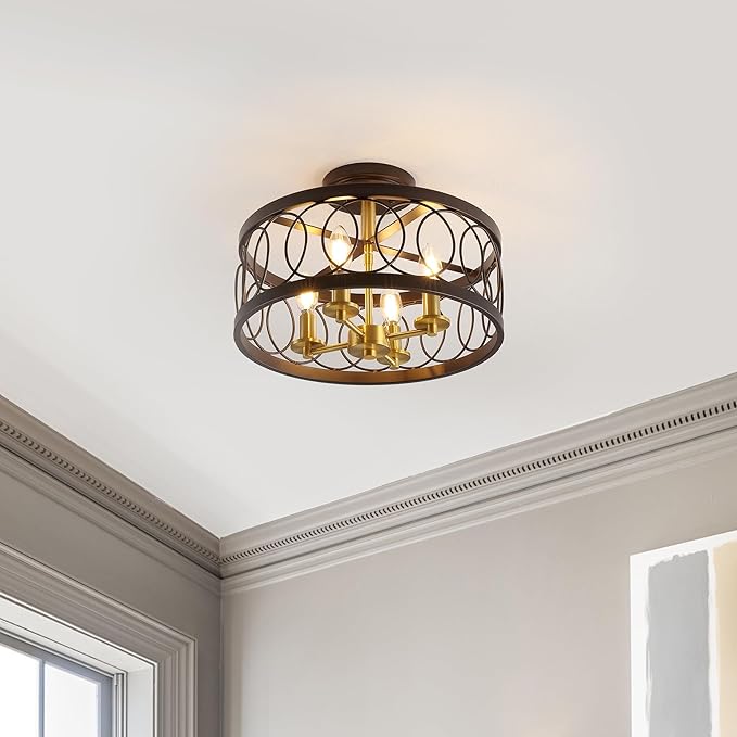 JONATHAN Y 15.5" Oil Rubbed Bronze/Brass Gold 4-Light Metal LED Semi-Flush Mount Ceiling Light, Metal Fretwork Shade for Bedroom Entryway Hallway, Traditional Round Dimmable Fixture (JYL9040B)
