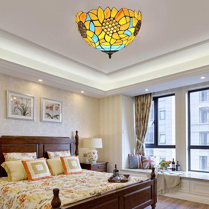 Tiffany Lamp Shade Replacement, 12" Stained Glass Sunflower Lampshades, Vintage Orange Yellow Blue Flower Light Cover Only 1-5/8-Inch Fitter Opening for Arched Floor Lamp Torchiere Lamp,Blue