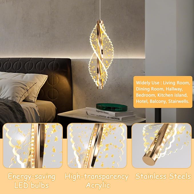 1 Lights Glam Chandelier Modern Gold Pendant Light LED Dimmable Acrylic Chandelier for Kitchen Island Dining Room Living Room