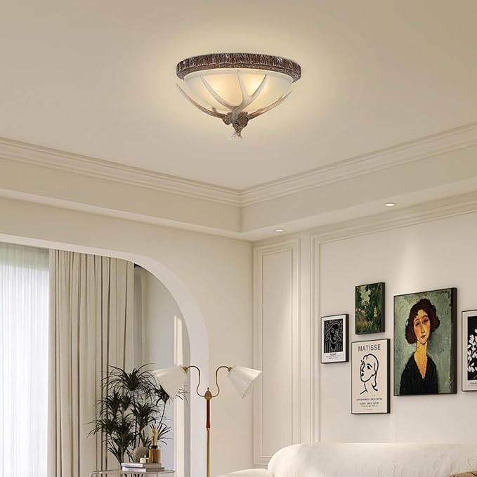 Vintage Antler Resin Ceiling Light, 110V Rustic Chandelier Fixture, 40-60W Retro Deer Horn Pendant Lamp, Decorative Flush Mount Lighting with 3 E26 Bulb Sockets for Living Room Bedroom Dining Room