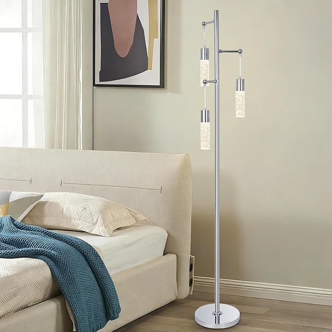 Bubble Crystal Floor Lamps for Living Room, Industrial Modern Standing Lamp with 3 Built-in LED Lights, ON/Off Foot Switch, 65IN Tall Tree Floor Lamp for Bedroom Corner Home Office, Silver