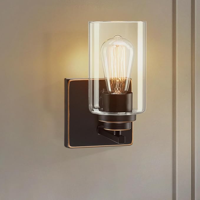 Pia Ricco Wall Sconces Set of 2, Bedside Wall Lamps with Switch for Bedroom, Modern Bathroom Light Fixtures with Clear Glass Shade, Oil Rubbed Bronze Sconces Wall Lights for Living Room, Hallway - Aura Lighting