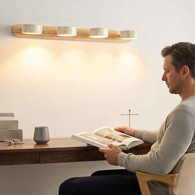 Travertine Vanity Light, 300° Swivel Japandi Ash Wood LED Wall Sconce, Natural Stone Mirror Lighting Fixtures, 27.6" 4-Light Modern Rustic Wall Lamp for Bathroom & Bedroom (110V)