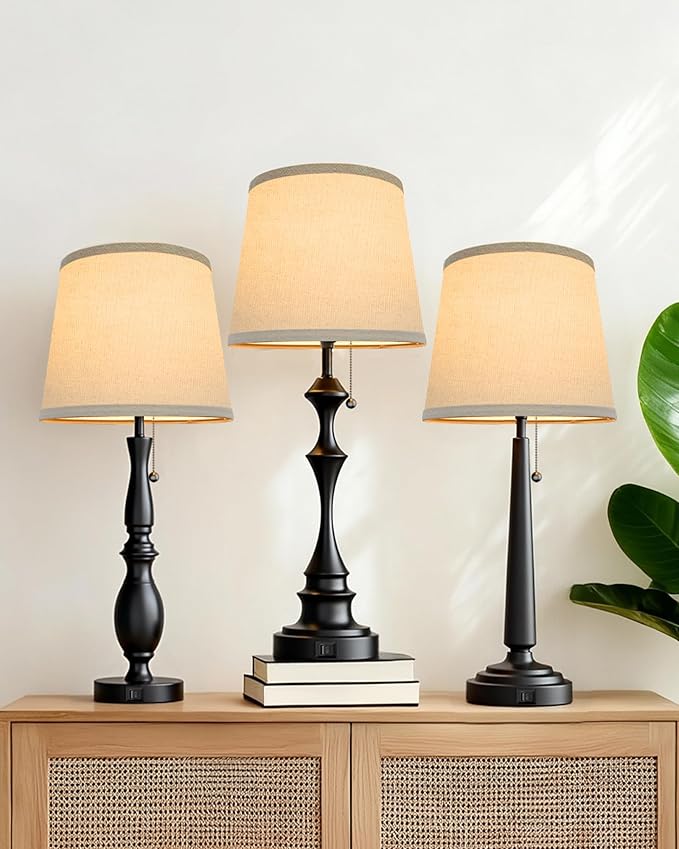 22'' Table Lamps for Living Room Set of 2: Farmhouse Vintage Lamps for Night Stands, Skinny Table Lamp with USB C+A Ports, 3-Way Dimmable Bedroom Lamp with Fabric Linen Lampshade, LED Bulbs Included