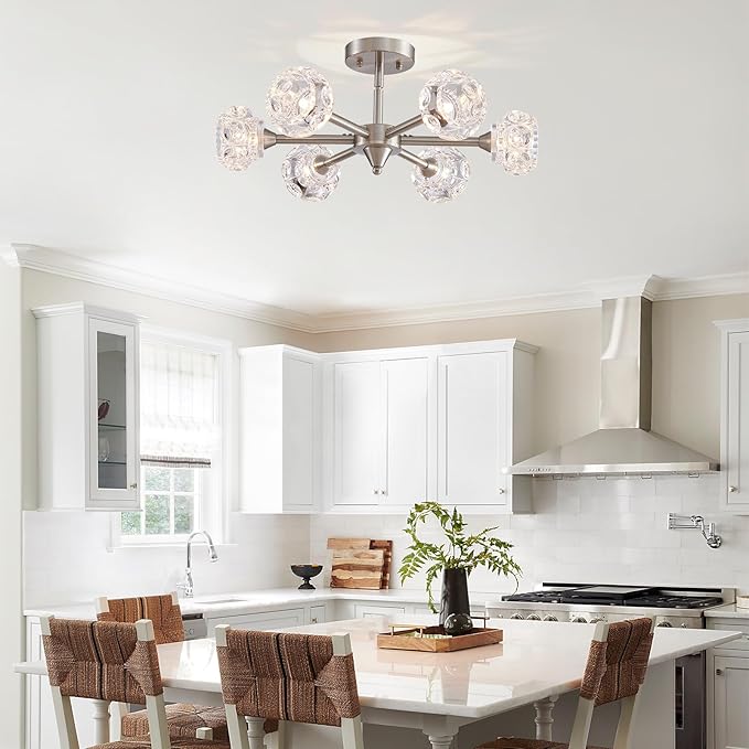 XINGQI Modern Sputnik Chandelier 6-Light Semi Flush Mount Ceiling Light Fixture Brushed Nickel Ceiling Lighting for Bedroom Entryway Dining Room Living Room Kitchen - Aura Lighting