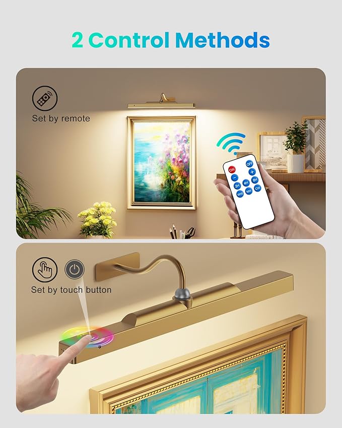 Wireless Picture Light Battery Operated, 16in Picture Light for Wal, 2Pack Rechargeable 5000mAh Battery Wall Sconce for Wall Pictures, Gallery Artwork, Paintings, Portraits, Dartboards- Brass