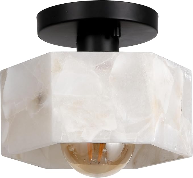 JONATHAN Y 8" White Marbling/Black Modern 1-Light Hexagonal LED Semi Flush Mount Ceiling Light, White Alabaster Marble Shade, Glam Lamp for Hallway, Bedroom, Bathroom, LED Bulb Included (JYL1204B)