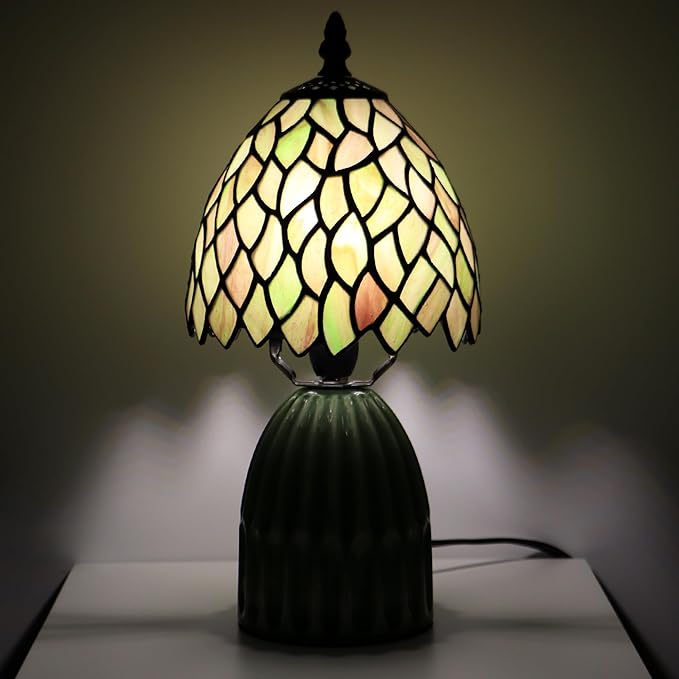 Tiffany Lamp Stained Glass Mushroom Table Lamps 6X6X12.5 Inch Brownish Green Leafage Style Small Night Light Ceramic Base Mini Accent Desk Light Suitable for Bedside Table Bedroom Children Room