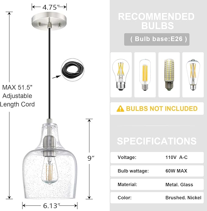 3 Pack 1 Light Hanging Indoor Kitchen Island Pendant Ceiling Light Fixture,6.1" Clear Seeded Glass Brushed Nickel Finish Modern Farmhouse Dinning Over Sink