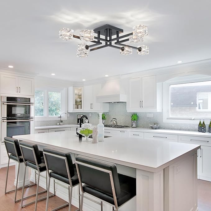 XINGQI Black Modern Sputnik Chandelier Semi Flush Mount Ceiling Light Glass 8-Lights Farmhouse Lighting Fixtures for Dining Room Living Room Kitchen Bedroom