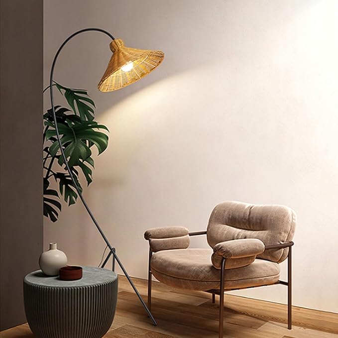Wabi-Sabi Style Rattan Floor Lamp H72.83in E26 3-Color Dimming Living Room Corridor Standing Lamp Bedroom Study Torchiere Villa Club Decorative Lighting Fixture