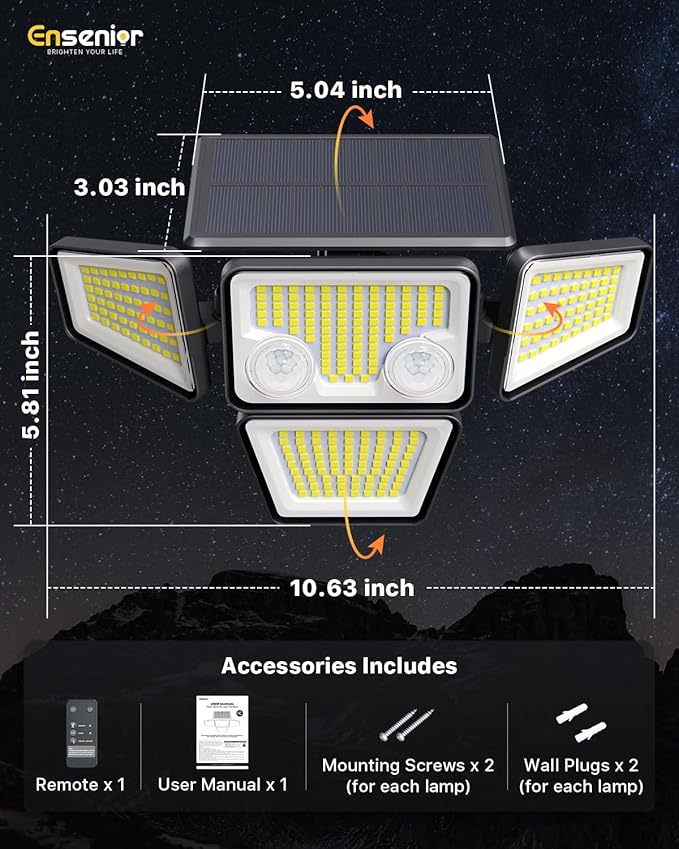 Ensenior Solar Lights Outdoor, Motion Sensor Outdoor Light with Remote Control, IP65 Waterproof 279 LED 4 Heads Solar Security Light with 4 Mode, 270° Wide Angle Solar Flood Light for Outside, 4 Packs
