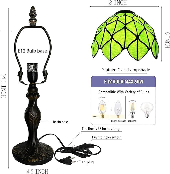 Tiffany Style Lamp Stained Glass Table Lamp 8 x 14.5 Mini Accent Light Green Maple Leaf Design Small Decorative Bedside Reading Memory Lamp