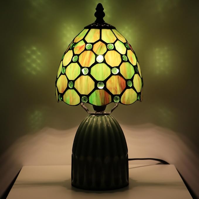 Tiffany Lamp Stained Glass Mushroom Table Lamps 6X6X12.5 Inch Brownish Green Pearl Style Small Night Light Ceramic Base Mini Accent Desk Light Suitable for Bedside Table Bedroom Children Room