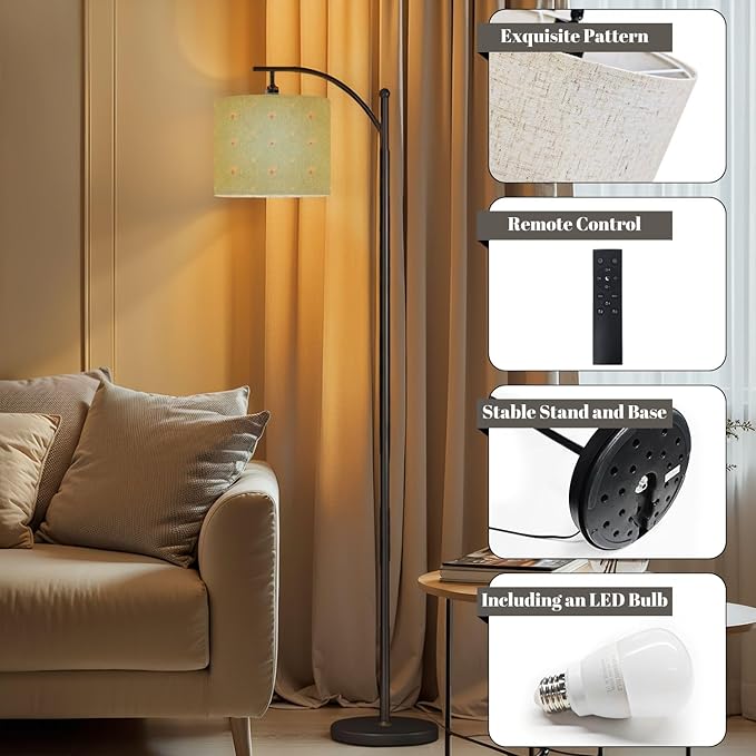 Floor Lamp Elegant Green Fan Delicate Floral Accents Flowers Arc Floor Lamp with Remote Modern Dimmable Standing Lamps for Living Room Bedroom Office Home Room Decor