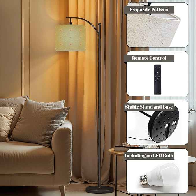 Floor Lamp Elegant Green Fan Delicate Floral Accents Flowers Arc Floor Lamp with Remote Modern Dimmable Standing Lamps for Living Room Bedroom Office Home Room Decor